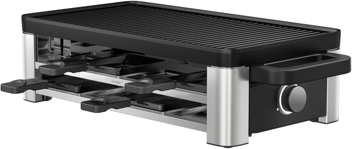 WMF Lono Raclette-Grill für 8 Personen, leistungsstark, gleichmäßiges Grillen und Überbacken, antihaftbeschichtete Pfännchen und Schieber, für idyllische Raclette-Abende, aus edlem Cromargan-Edelstahl