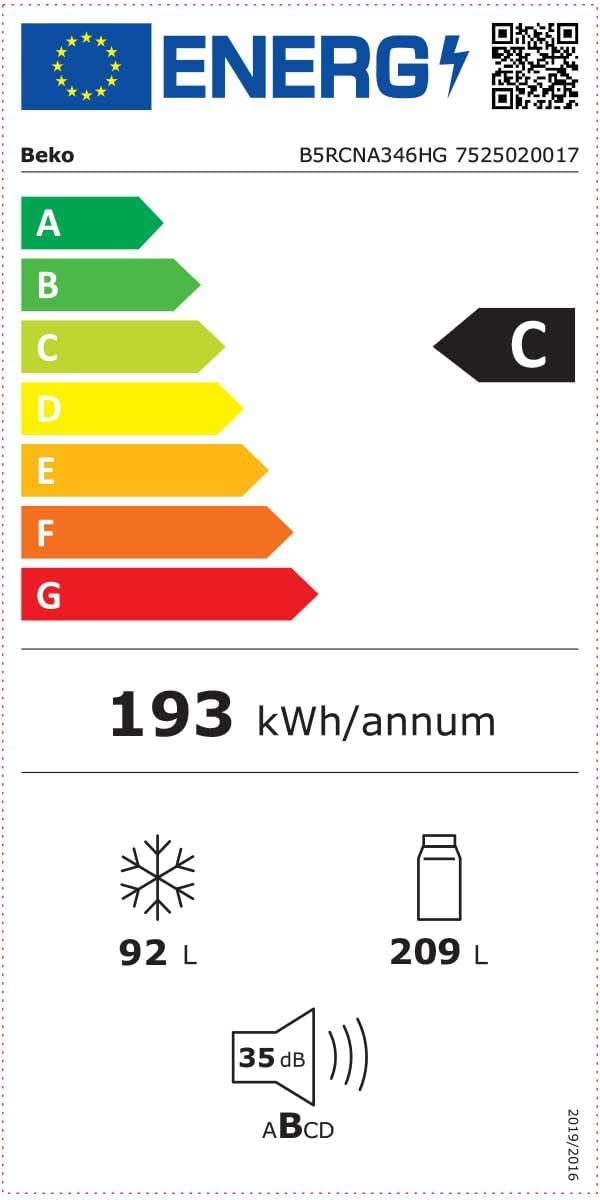 Beko B5RCNA346HG freistehende Kühl/-Gefrierkombination, 301 l Nettovolumen, 209 l Kühlen, 92 l Gefrieren, No Frost, AeroFlow, Automatische Abtauung im Kühlteil, 3 Gefrierschubladen, Manhattan Gray