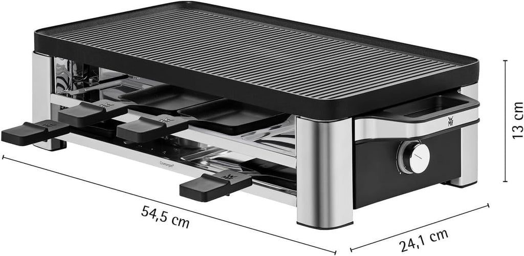 WMF Lono Raclette-Grill für 8 Personen, leistungsstark, gleichmäßiges Grillen und Überbacken, antihaftbeschichtete Pfännchen und Schieber, für idyllische Raclette-Abende, aus edlem Cromargan-Edelstahl