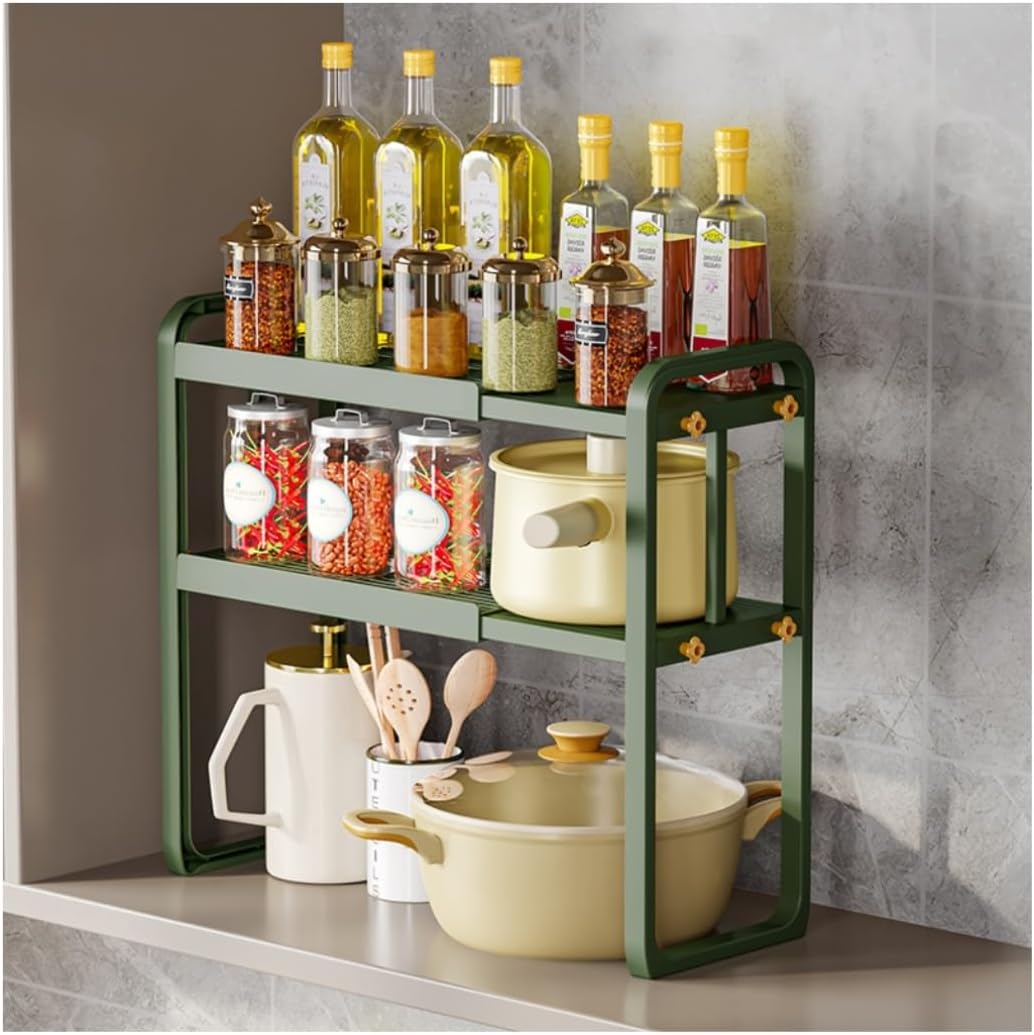Expandable Metal Kitchen Rack with 2 Tiers Microwave Shelf Tableware Storage Rice Cooker Stand Green Home Kitchen Organizer