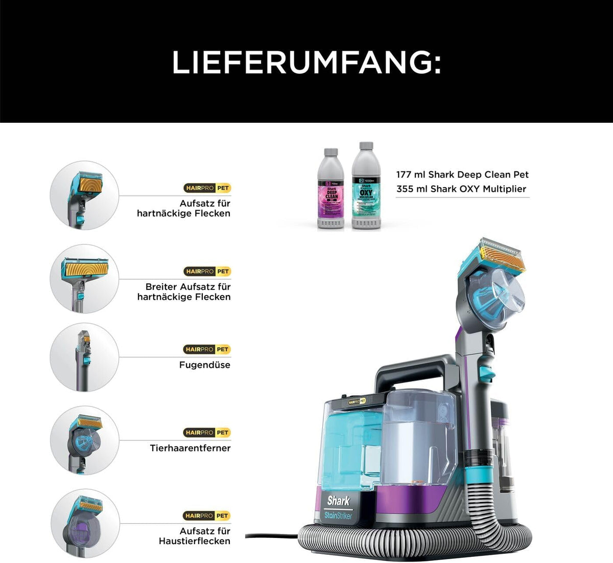 Shark StainStriker HairPro Pet Fleckenreiniger, 450 W Saugkraft, entfernt hartnäckige Flecken, Gerüche und festsitzende Tierhaare, leicht & tragbar, inkl. 4 Aufsätze und 2 Reinigungsmittel PX250EUT