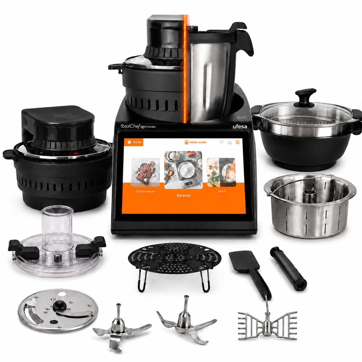 Ufesa TotalChef RK7 Küchenmaschine mit WLAN, Multifunktions Küchenroboter mit Kochfunktion, Kochroboter 30 Funktionen, 4.5L, 7-Zoll-Touchscreen, Interaktives Rezeptbuch, Amazon-Exklusiv,Silber / Weiss