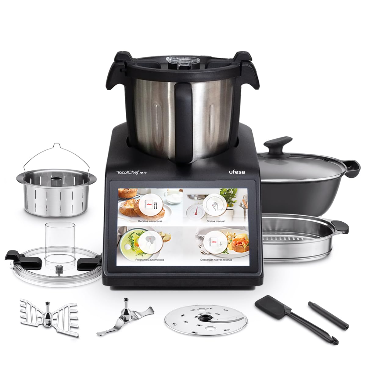 Ufesa TotalChef RK7 Küchenmaschine mit WLAN, Multifunktions Küchenroboter mit Kochfunktion, Kochroboter 30 Funktionen, 4.5L, 7-Zoll-Touchscreen, Interaktives Rezeptbuch, Amazon-Exklusiv,Silber / Weiss