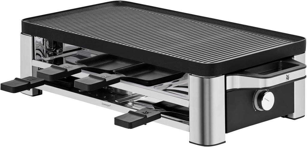 WMF Lono Raclette-Grill für 8 Personen, leistungsstark, gleichmäßiges Grillen und Überbacken, antihaftbeschichtete Pfännchen und Schieber, für idyllische Raclette-Abende, aus edlem Cromargan-Edelstahl