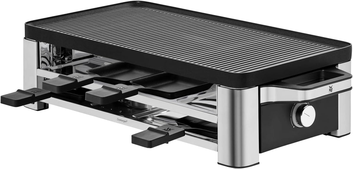 WMF Lono Raclette-Grill für 8 Personen, leistungsstark, gleichmäßiges Grillen und Überbacken, antihaftbeschichtete Pfännchen und Schieber, für idyllische Raclette-Abende, aus edlem Cromargan-Edelstahl