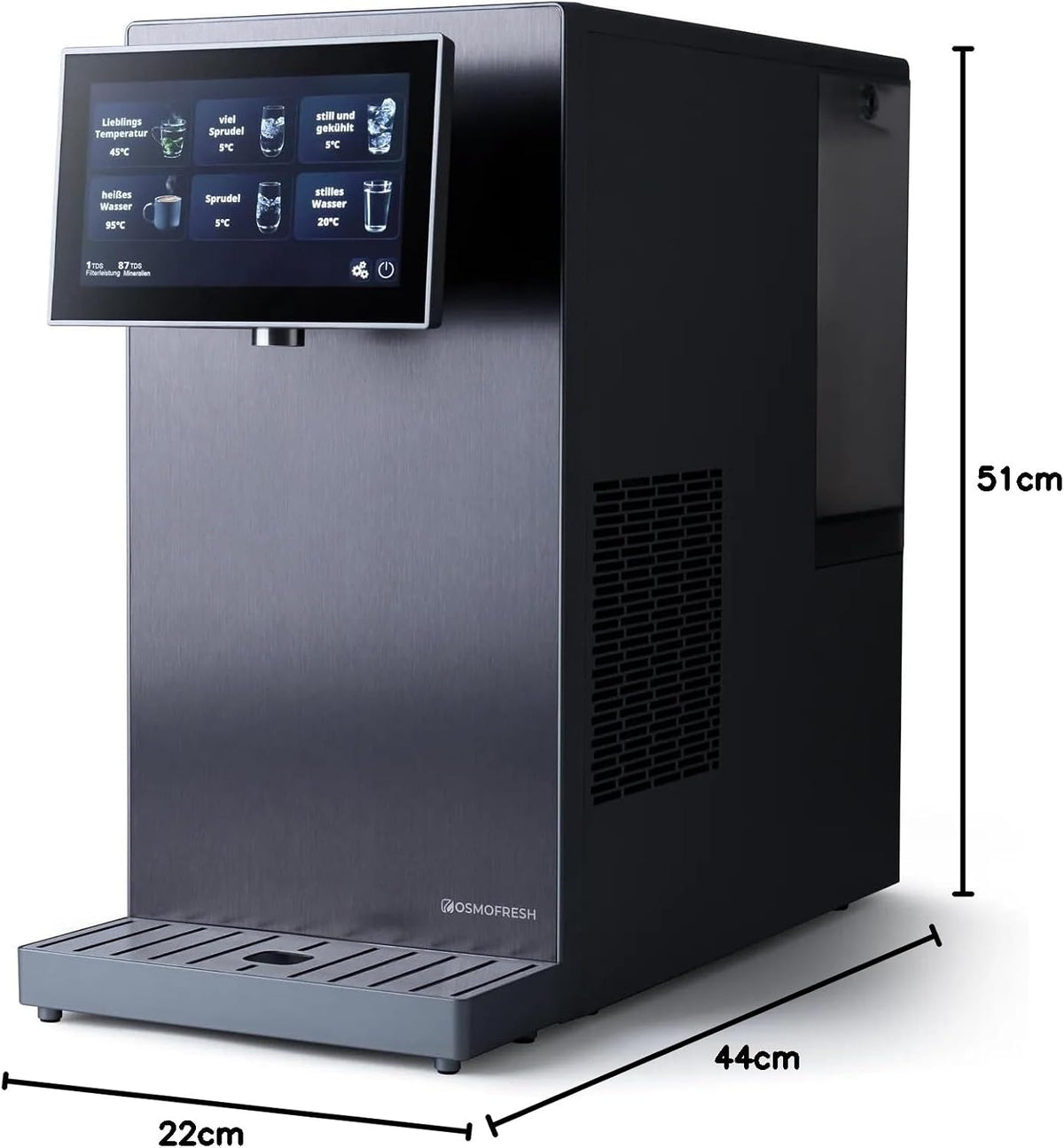 OsmoFresh Fusion Pro 2 Auftisch Osmoseanlage | Wassersprudler|Kühlung| Keine Installation | Heißwasserspender | 7x Filterung | Mineralisierung | 3-fach UV-C|Festwasseranschluss |Abwasserverhältnis 4:1