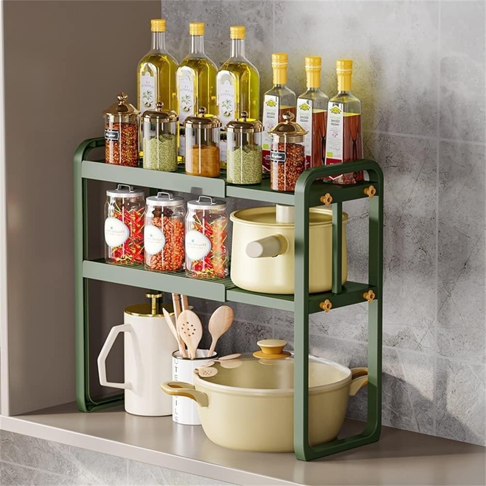 Expandable Metal Kitchen Rack with 2 Tiers Microwave Shelf Tableware Storage Rice Cooker Stand Green Home Kitchen Organizer