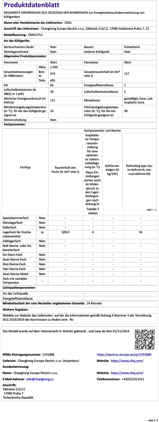 CHiQ Kühl-Gefrierkombination 157L(109L/48L), EEK C, 4-Sterne Gefrieren