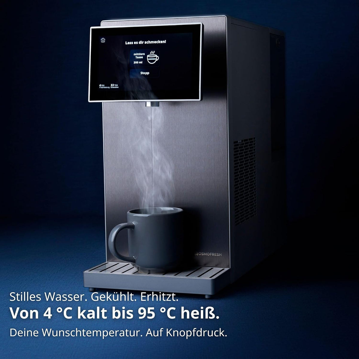 OsmoFresh Fusion Pro 2 Auftisch Osmoseanlage | Wassersprudler|Kühlung| Keine Installation | Heißwasserspender | 7x Filterung | Mineralisierung | 3-fach UV-C|Festwasseranschluss |Abwasserverhältnis 4:1
