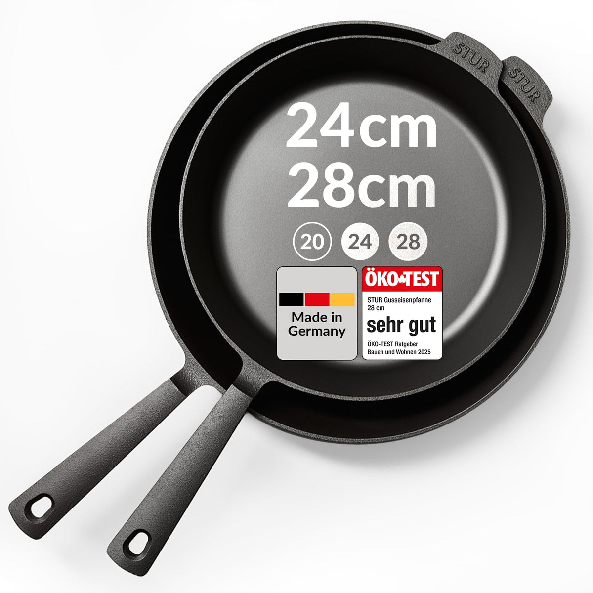 STUR Gusseisenpfanne 28 cm, Cast Iron Pan für alle Herdarten