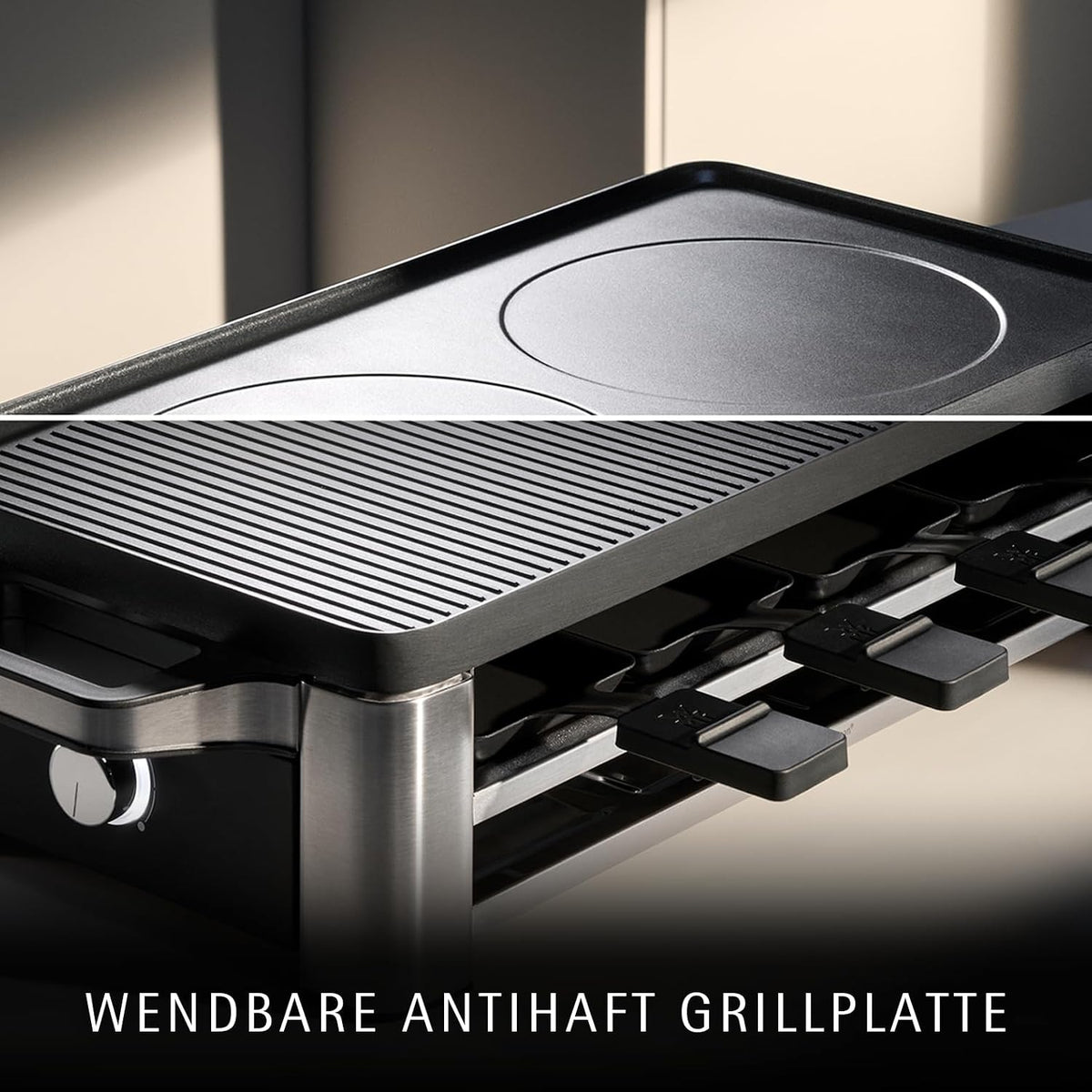 WMF Lono Raclette-Grill für 8 Personen, leistungsstark, gleichmäßiges Grillen und Überbacken, antihaftbeschichtete Pfännchen und Schieber, für idyllische Raclette-Abende, aus edlem Cromargan-Edelstahl