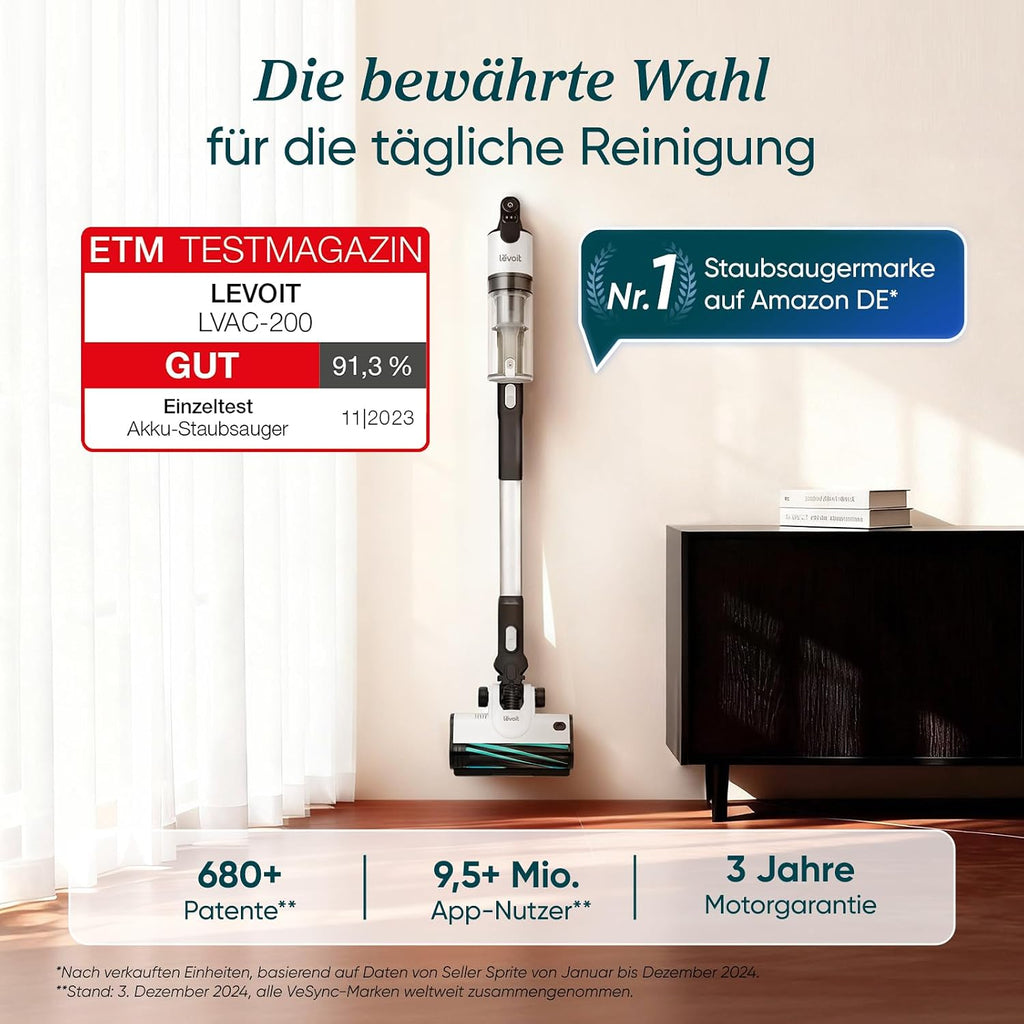 Levoit Akku Staubsauger LVAC 200, bis 75 m², Anti Tangle, Schwarz