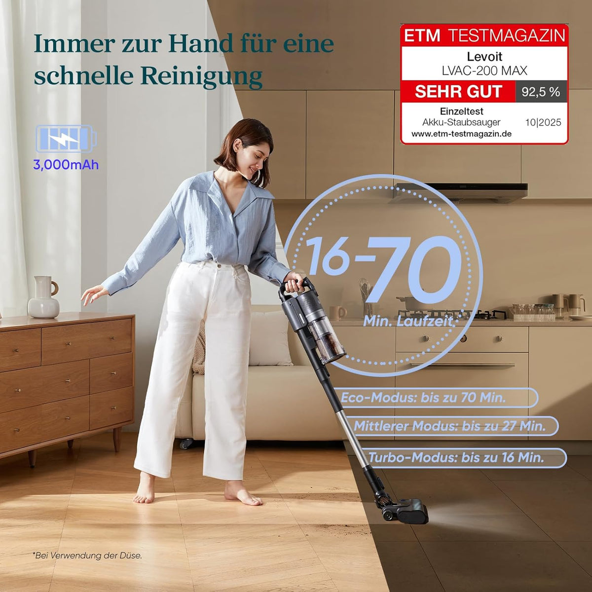 Levoit Akku Staubsauger LVAC 200 MAX, bis 100 m², Anti Tangle, 99,99% HEPA