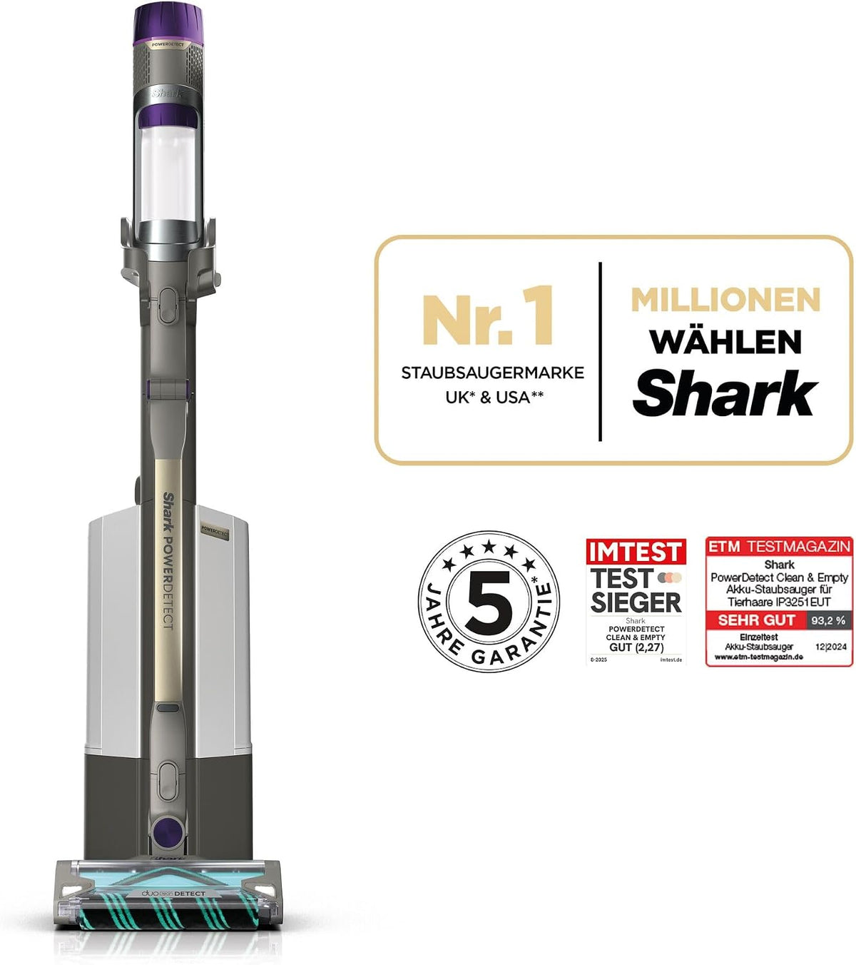 Shark PowerDetect Akku-Staubsauger mit Absaugstation, 70 Min., Weiß/Grau