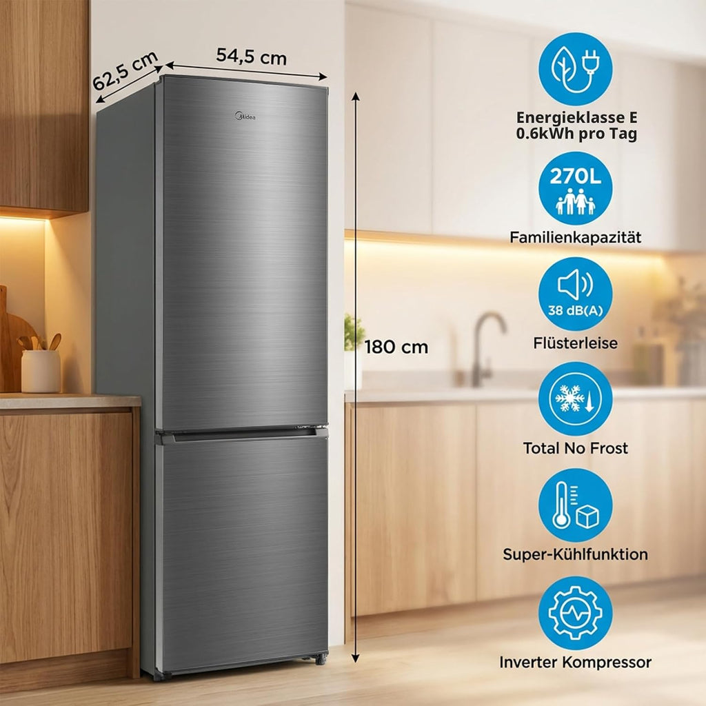 Midea 270L Kühlschrank mit gefrierfach(-24°C),Total Nofrost, 180cm,41dB
