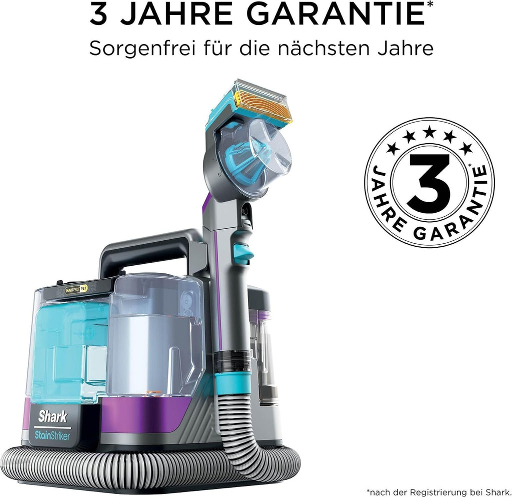 Shark StainStriker HairPro Pet Fleckenreiniger, 450 W Saugkraft, entfernt hartnäckige Flecken, Gerüche und festsitzende Tierhaare, leicht & tragbar, inkl. 4 Aufsätze und 2 Reinigungsmittel PX250EUT