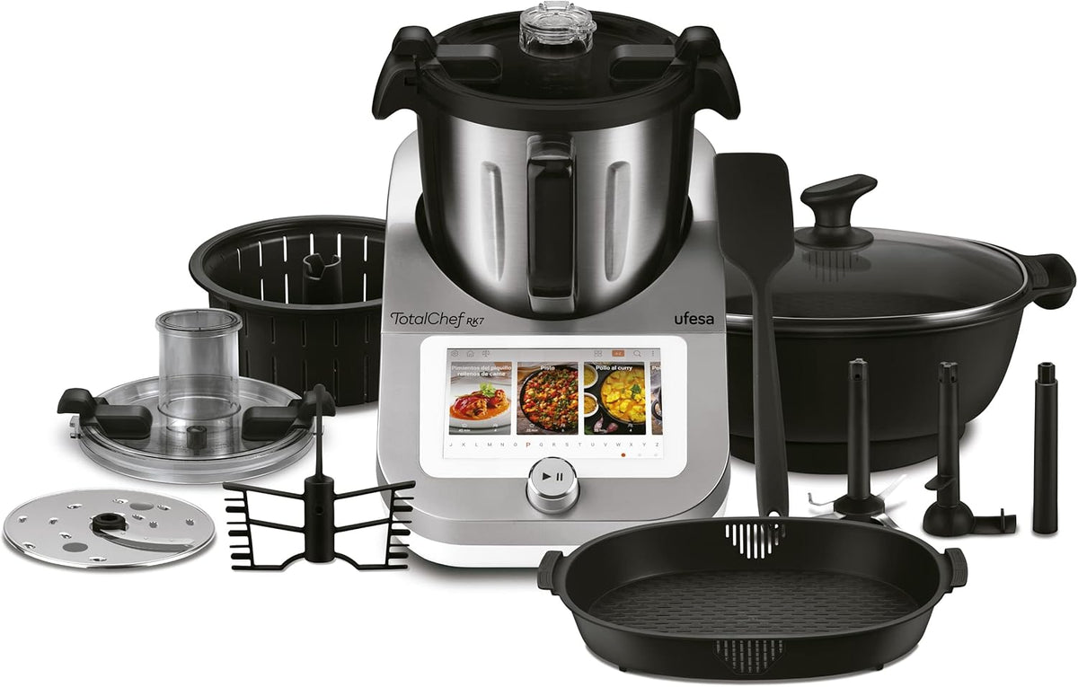 Ufesa TotalChef RK7 Küchenmaschine mit WLAN, Multifunktions Küchenroboter mit Kochfunktion, Kochroboter 30 Funktionen, 4.5L, 7-Zoll-Touchscreen, Interaktives Rezeptbuch, Amazon-Exklusiv,Silber / Weiss