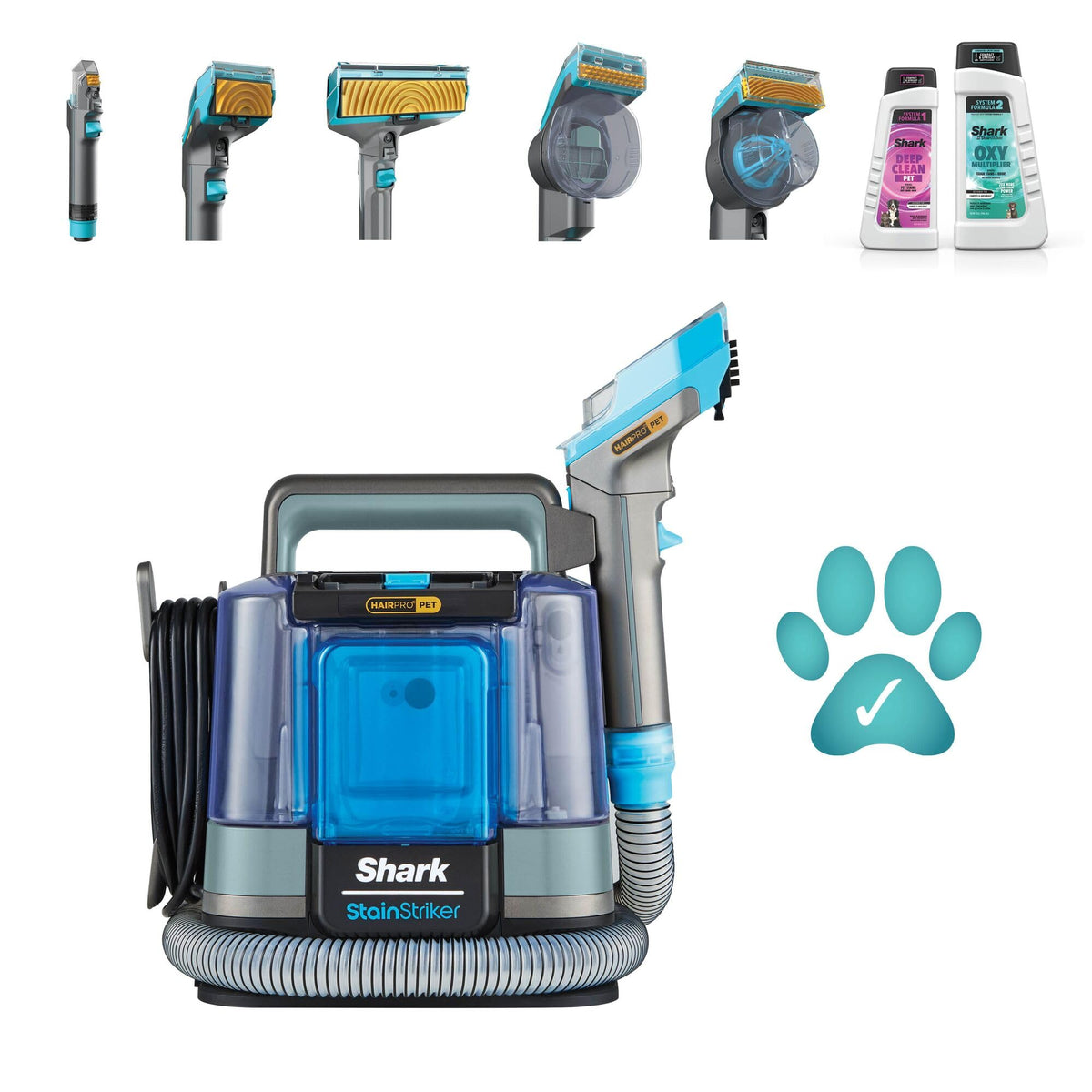 Shark StainStriker HairPro Pet Fleckenreiniger, 450 W Saugkraft, entfernt hartnäckige Flecken, Gerüche und festsitzende Tierhaare, leicht & tragbar, inkl. 4 Aufsätze und 2 Reinigungsmittel PX250EUT