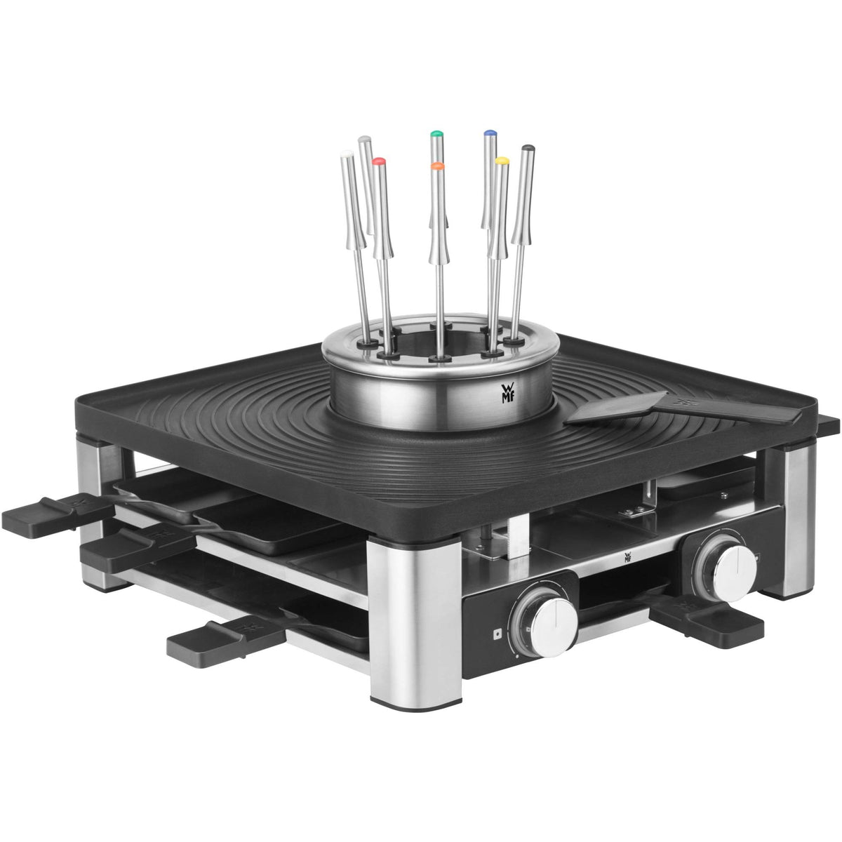 WMF Lono Raclette-Grill für 8 Personen, leistungsstark, gleichmäßiges Grillen und Überbacken, antihaftbeschichtete Pfännchen und Schieber, für idyllische Raclette-Abende, aus edlem Cromargan-Edelstahl