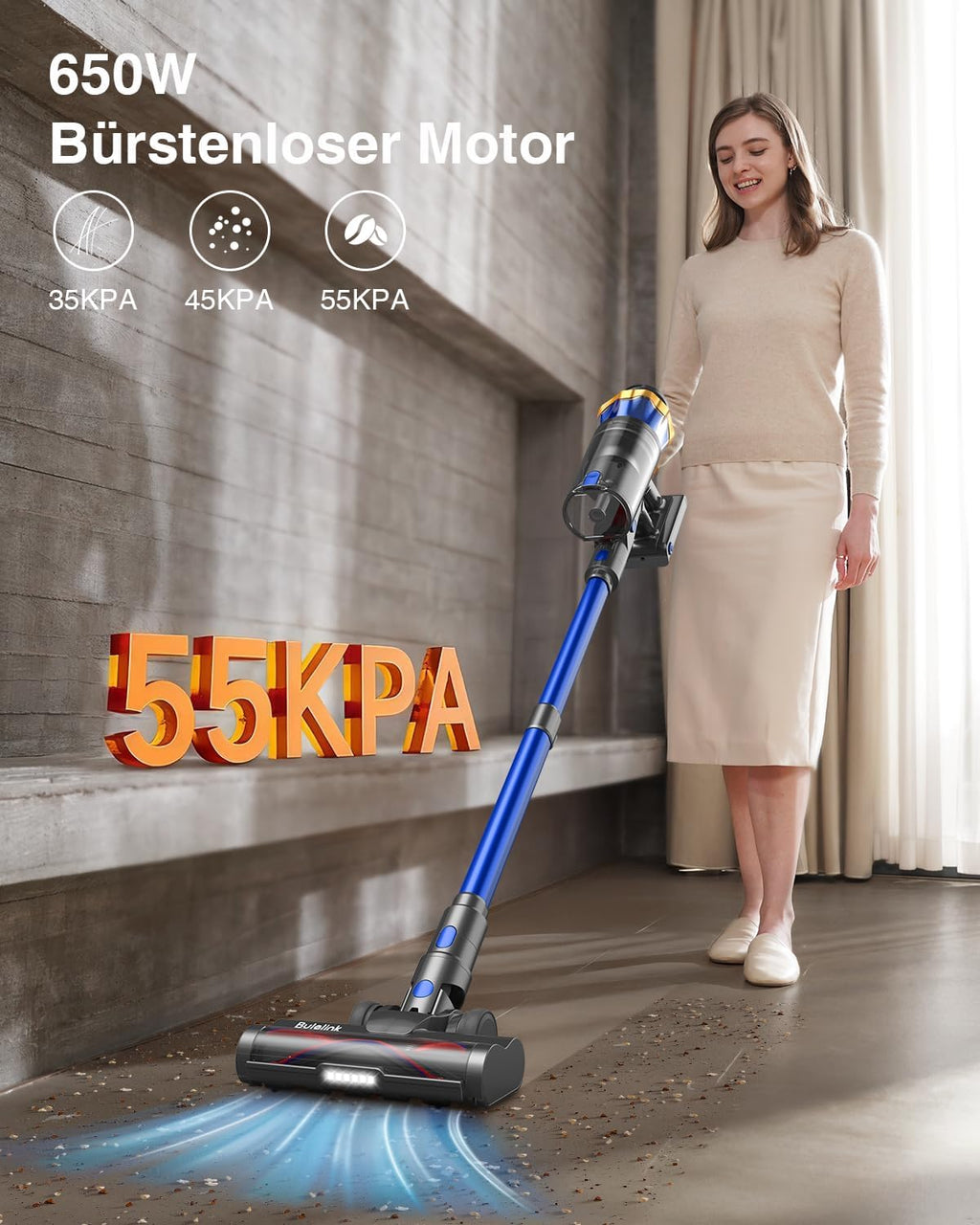 Akku Staubsauger Kabellos 55KPa/650W/70Min für Tierhaare/Teppiche/Hartböden