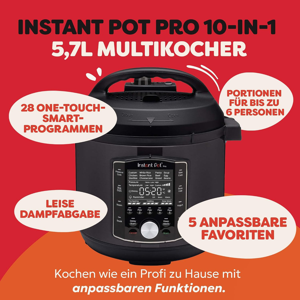 Instant Pot Pro, 5,7L Elektro-Multikocher, 10-in-1 Schnellkochtopf, Schwarz