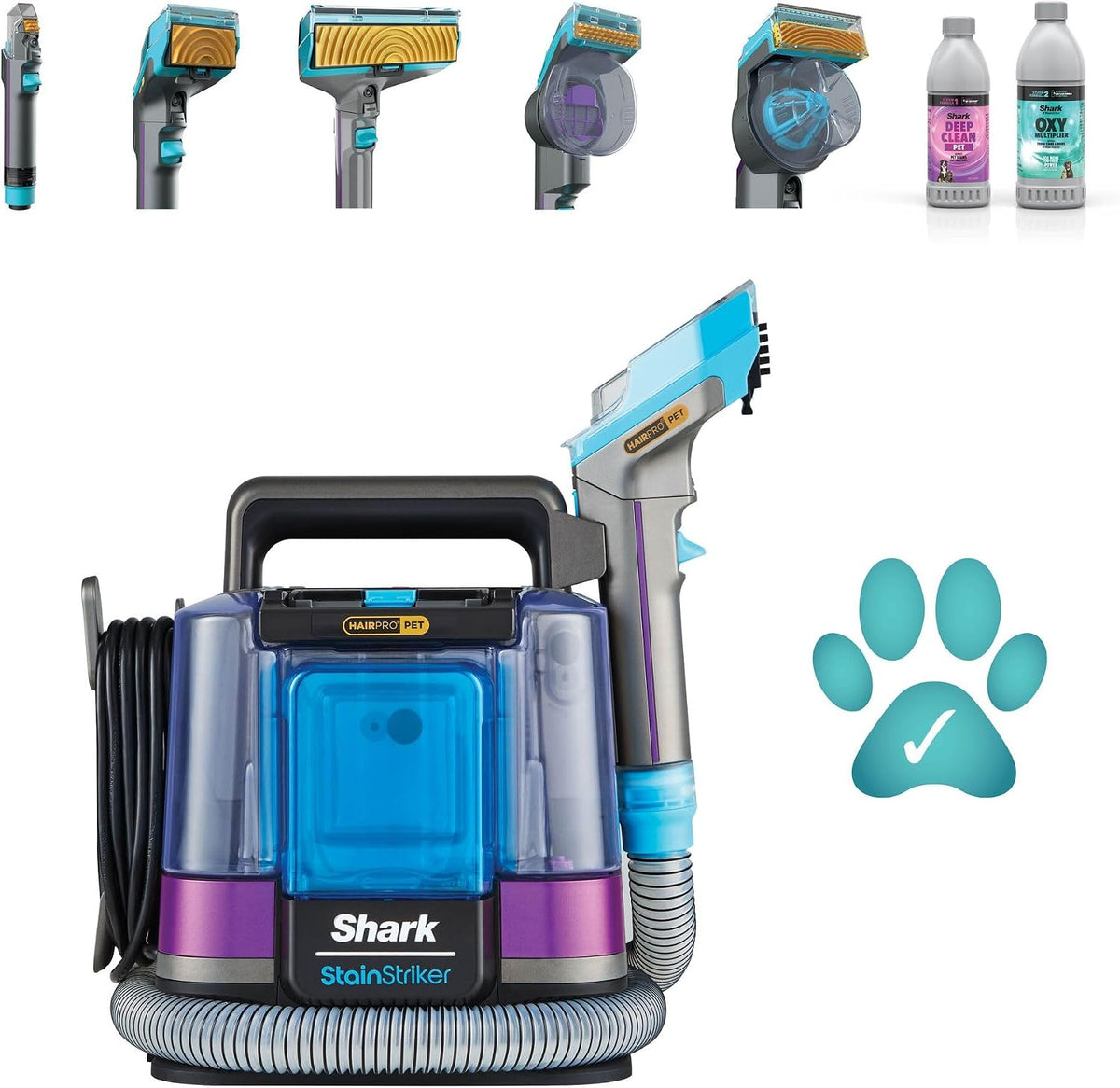 Shark StainStriker HairPro Pet Fleckenreiniger, 450 W Saugkraft, entfernt hartnäckige Flecken, Gerüche und festsitzende Tierhaare, leicht & tragbar, inkl. 4 Aufsätze und 2 Reinigungsmittel PX250EUT