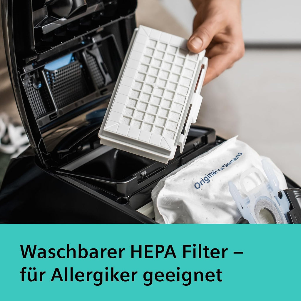 Siemens Staubsauger mit Beutel Q5.0 Extreme silencePower VSQ5X1232, für Allergiker, Hygiene-Filter, Starke Saugleistung auf Parkett, Teppich und Fliesen, langes Kabel, Made in Germany, 850 W, schwarz