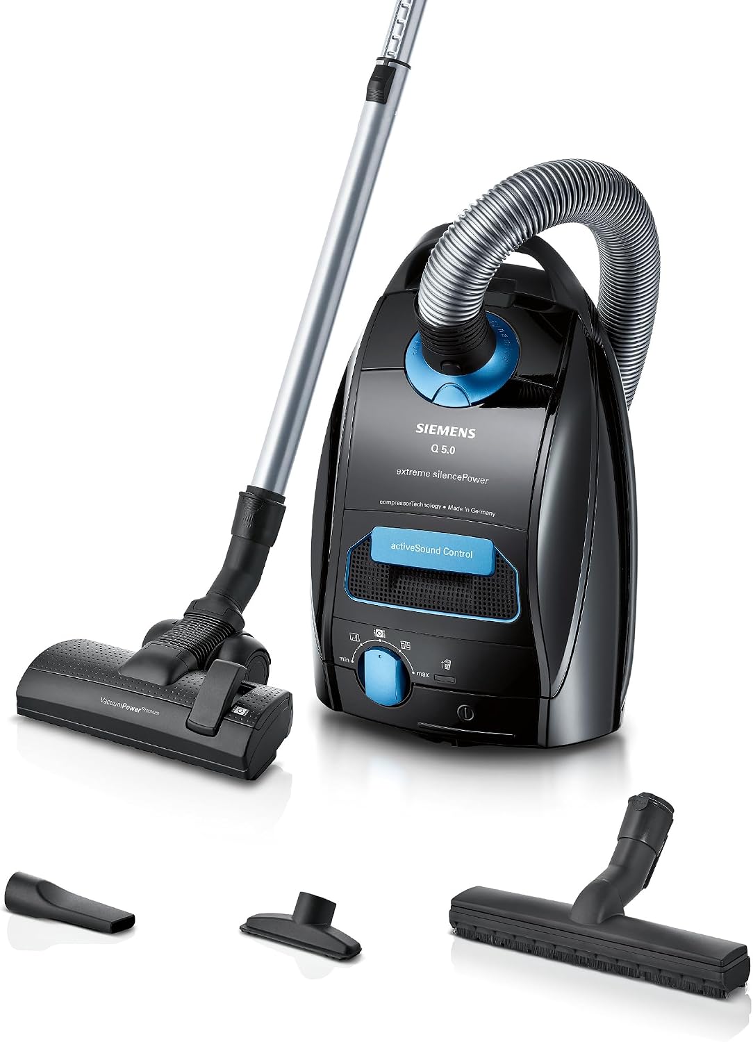 Siemens Staubsauger mit Beutel Q5.0 Extreme silencePower VSQ5X1232, für Allergiker, Hygiene-Filter, Starke Saugleistung auf Parkett, Teppich und Fliesen, langes Kabel, Made in Germany, 850 W, schwarz