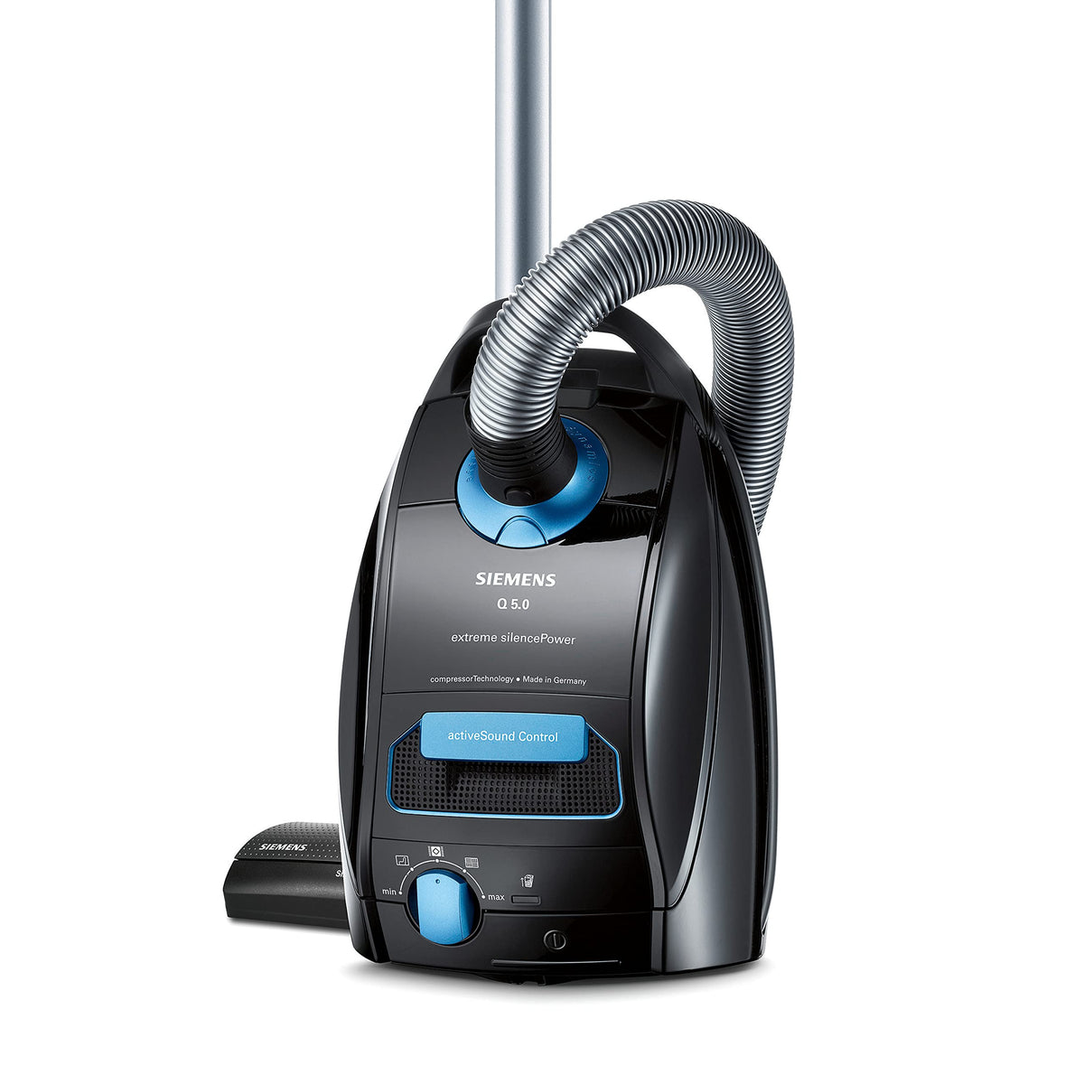 Siemens Staubsauger mit Beutel Q5.0 Extreme silencePower VSQ5X1232, für Allergiker, Hygiene-Filter, Starke Saugleistung auf Parkett, Teppich und Fliesen, langes Kabel, Made in Germany, 850 W, schwarz