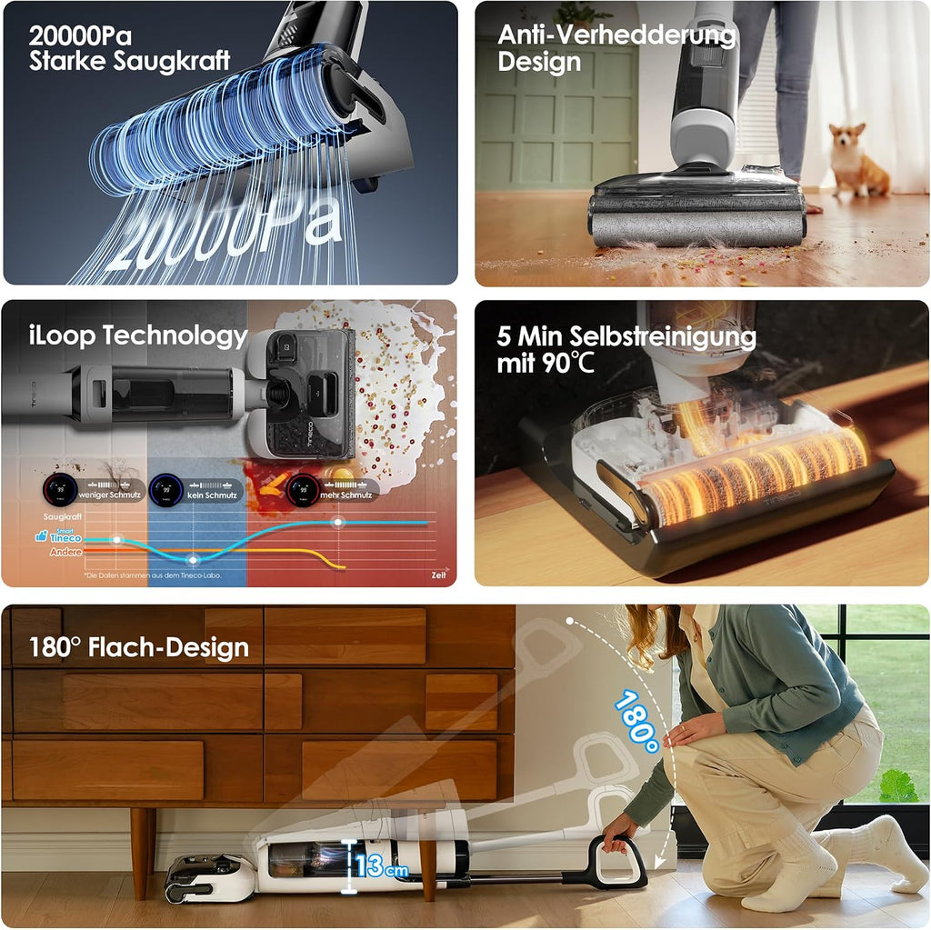 Tineco Floor One Stretch S6 Nass Trockensauger, 20Kpa，180°-Flachdesign