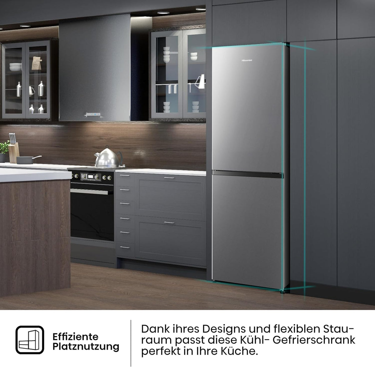 Hisense RB327N4AD2 Kühl-Gefrierkombination/NoFrostPlus/Multiflow 360°/ Flaschenhalter/HolidayMode/FreshZone/ 256L (171+85)/ Essential/BxHxT: 55×182,4×55,7cm/ Silber [Energieklasse E]