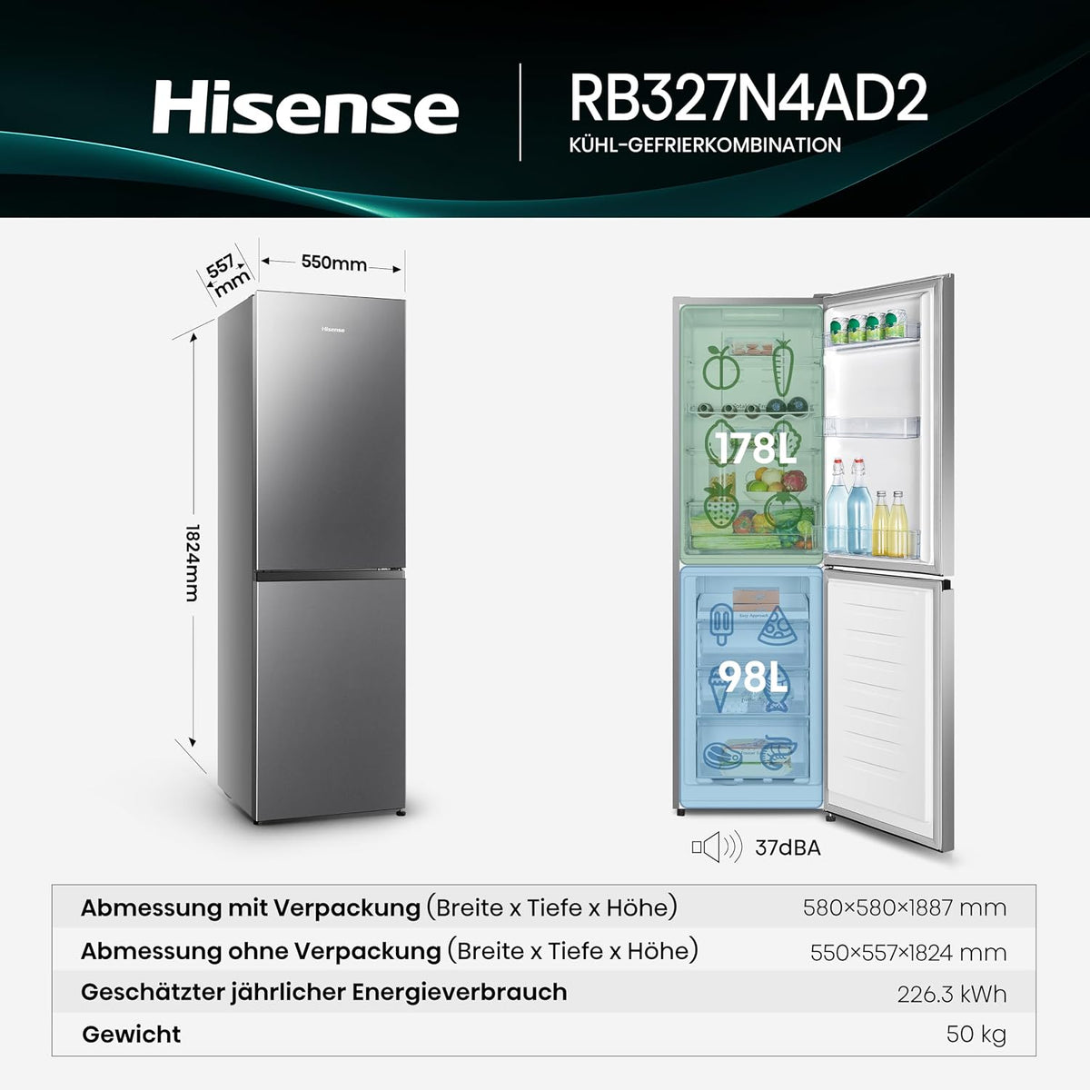 Hisense RB327N4AD2 Kühl-Gefrierkombination/NoFrostPlus/Multiflow 360°/ Flaschenhalter/HolidayMode/FreshZone/ 256L (171+85)/ Essential/BxHxT: 55×182,4×55,7cm/ Silber [Energieklasse E]