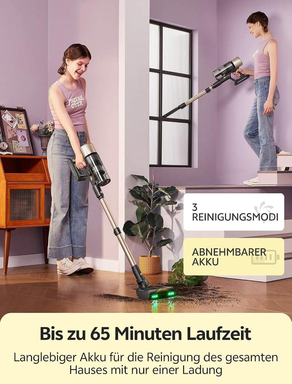 Ultenic Akku Staubsauger, 600W/55000Pa/ 65Min, Staubsauger Kabellos mit GreenEye Technologie, Teleskoprohr& Freistehend, 6 Schichten Filter, Anti-Verhedderungs-Bürste, for Tierhaare/Teppiche/Hartböden