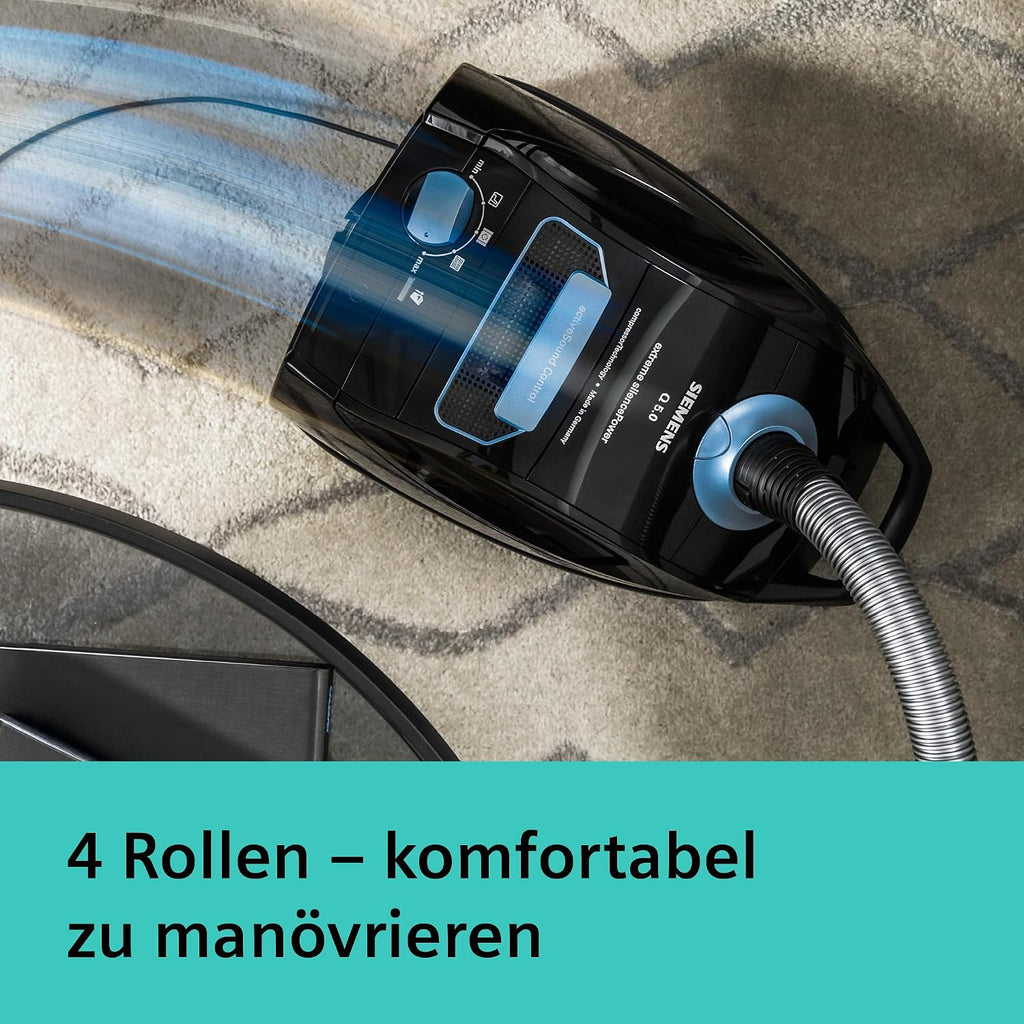 Siemens Staubsauger mit Beutel Q5.0 Extreme silencePower VSQ5X1232, für Allergiker, Hygiene-Filter, Starke Saugleistung auf Parkett, Teppich und Fliesen, langes Kabel, Made in Germany, 850 W, schwarz