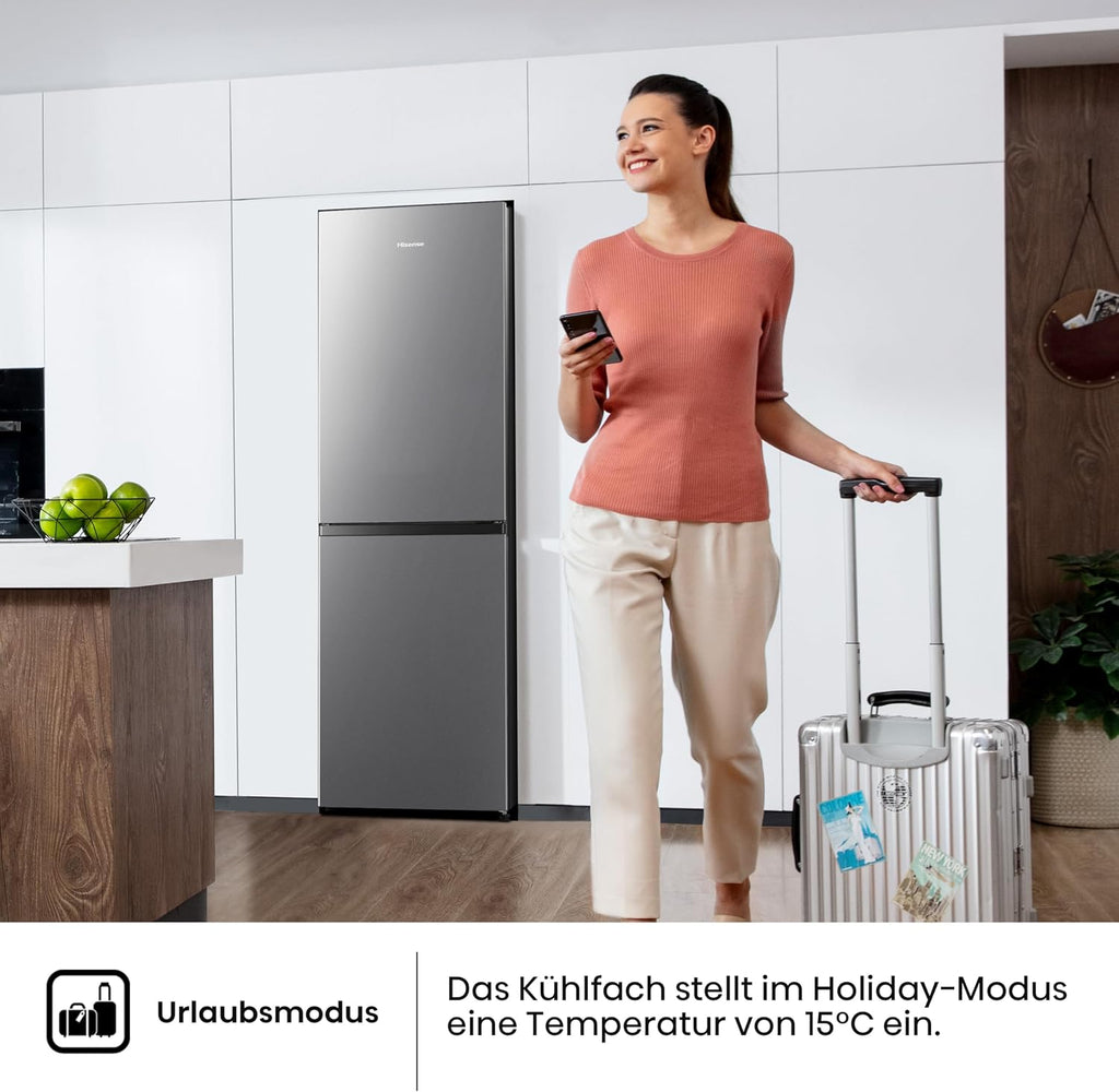 Hisense RB327N4AD2 Kühl-Gefrierkombination/NoFrostPlus/Multiflow 360°/ Flaschenhalter/HolidayMode/FreshZone/ 256L (171+85)/ Essential/BxHxT: 55×182,4×55,7cm/ Silber [Energieklasse E]