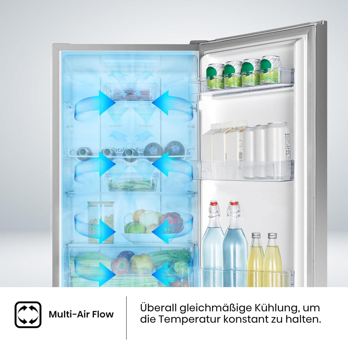 Hisense RB327N4AD2 Kühl-Gefrierkombination/NoFrostPlus/Multiflow 360°/ Flaschenhalter/HolidayMode/FreshZone/ 256L (171+85)/ Essential/BxHxT: 55×182,4×55,7cm/ Silber [Energieklasse E]