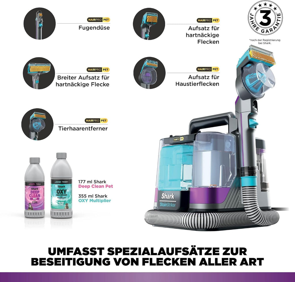 Shark StainStriker HairPro Pet Fleckenreiniger, 450 W Saugkraft, entfernt hartnäckige Flecken, Gerüche und festsitzende Tierhaare, leicht & tragbar, inkl. 4 Aufsätze und 2 Reinigungsmittel PX250EUT