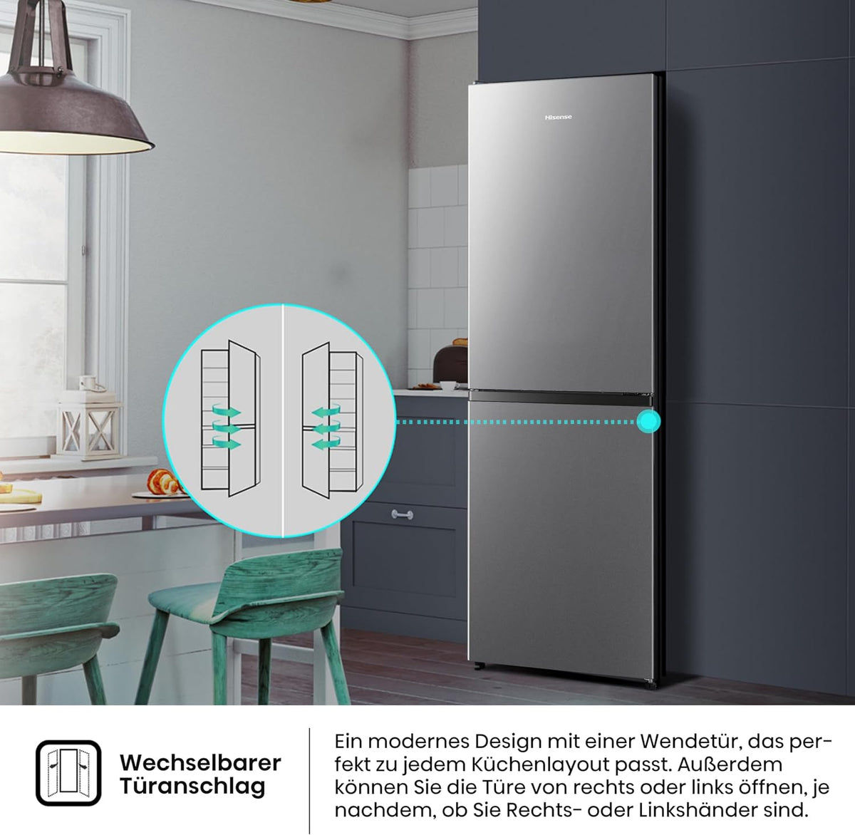 Hisense RB327N4AD2 Kühl-Gefrierkombination/NoFrostPlus/Multiflow 360°/ Flaschenhalter/HolidayMode/FreshZone/ 256L (171+85)/ Essential/BxHxT: 55×182,4×55,7cm/ Silber [Energieklasse E]
